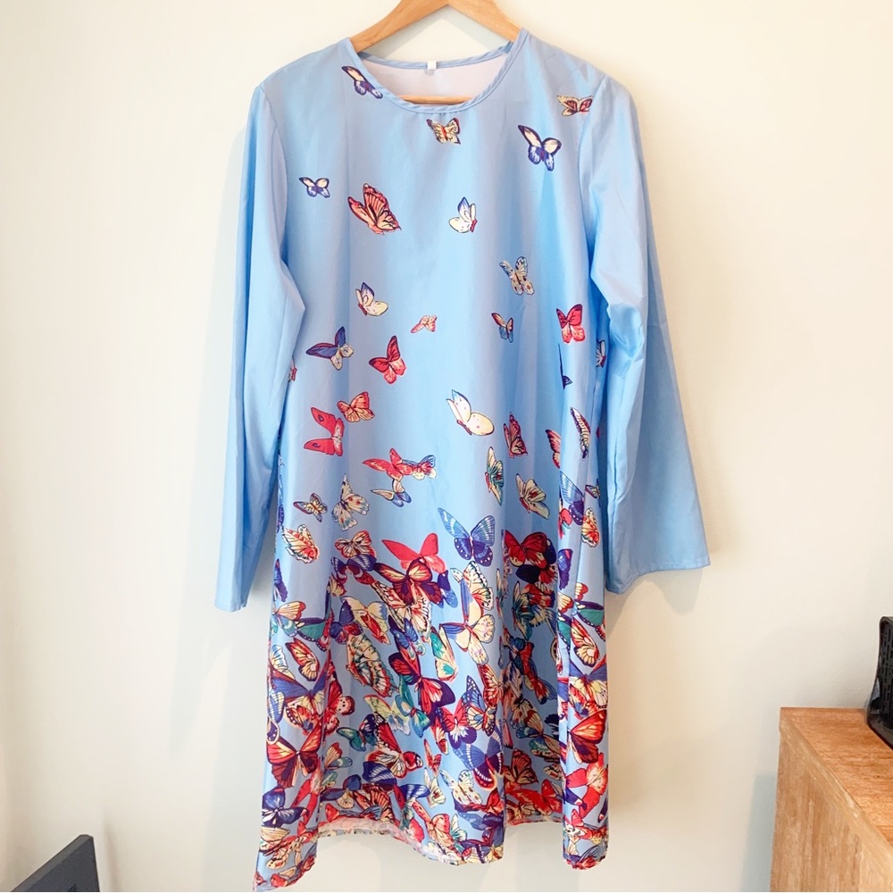 🏷️ Colorful Blue Butterfly Garden A Line Lightweight Plus Size Dress 2XL